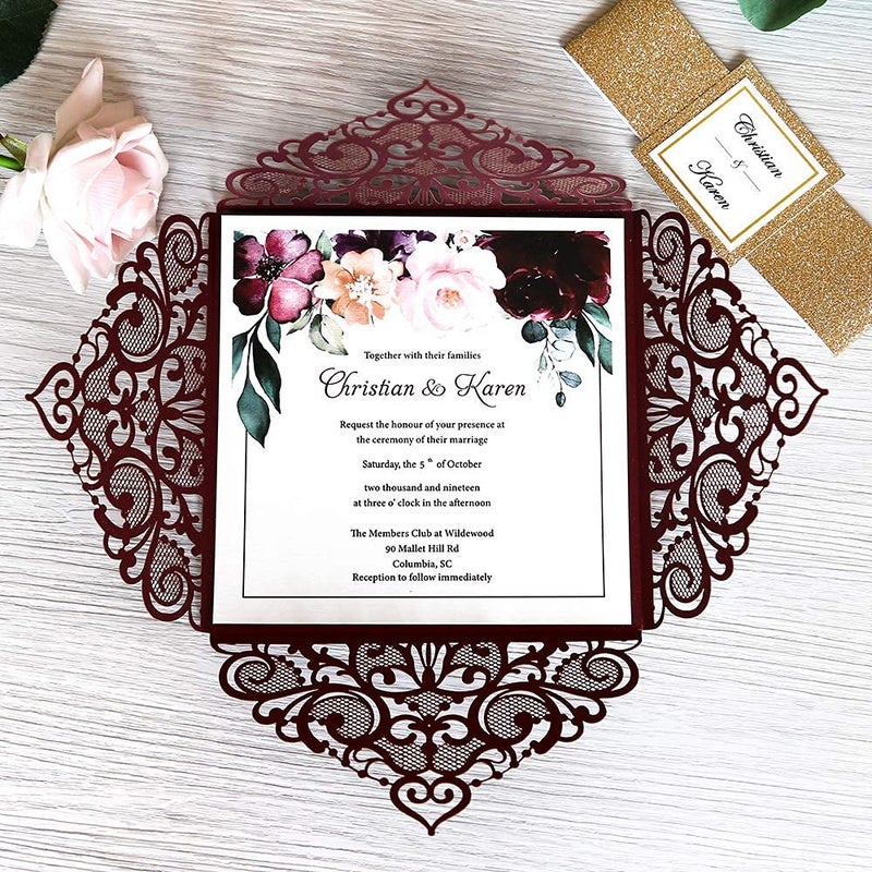 DreamBuilt 6.3 X 6.3 Inch 50PCS Blank Burgundy Laser Cut Wedding Invitations With Envelopes Kit And Gold Glitter Belly Band Wedding Invitation Cards For Wedding invite - Image 4